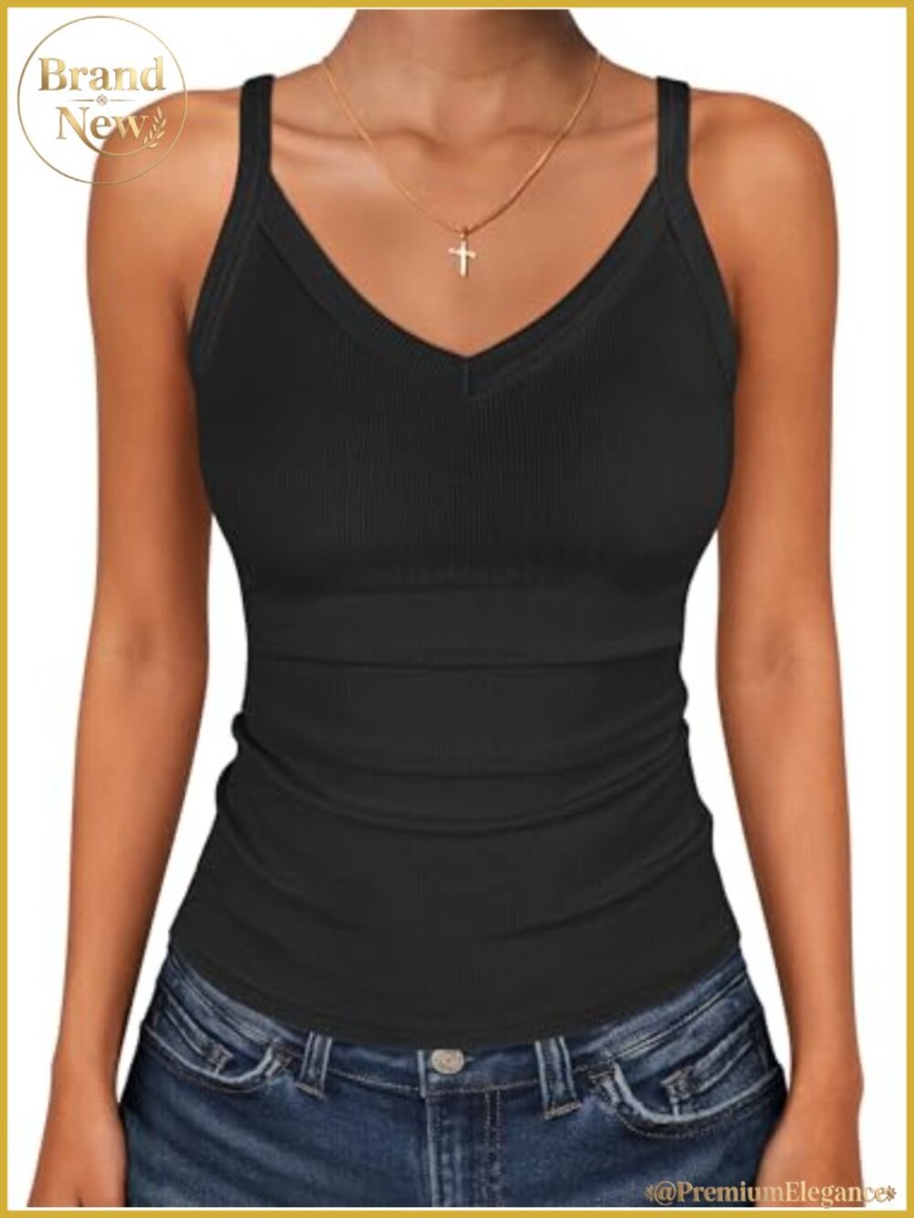 V Neck Ribbed Knit Tank Top Skinny Fit Spaghetti Strap Camisole
